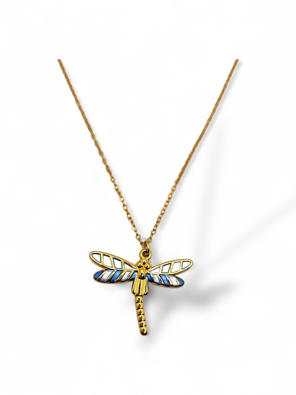 Gold and Blue Dragonfly Pendant Necklace